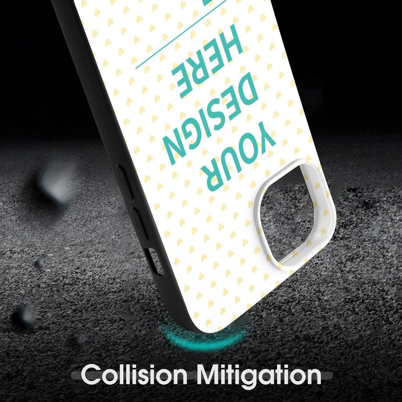 iPhone 14 custom case with 'YOUR DESIGN HERE' and heart pattern, TPU material, protective design, MyArtsyGift