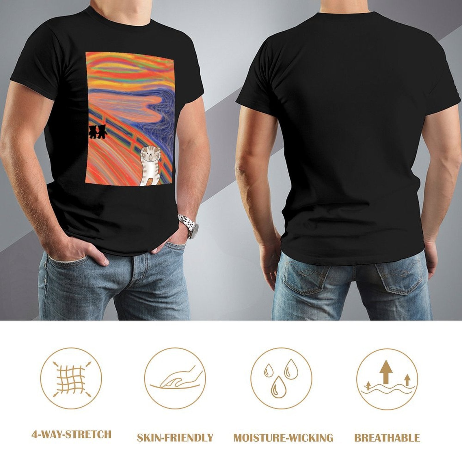 Black men's t-shirt with 'The Scream' cat art print. Features breathable, moisture-wicking, 4-way stretch fabric.