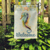 Seahorse Welcome double-sided garden flag, featuring a colorful seahorse, perfect for farmhouse or yard decor