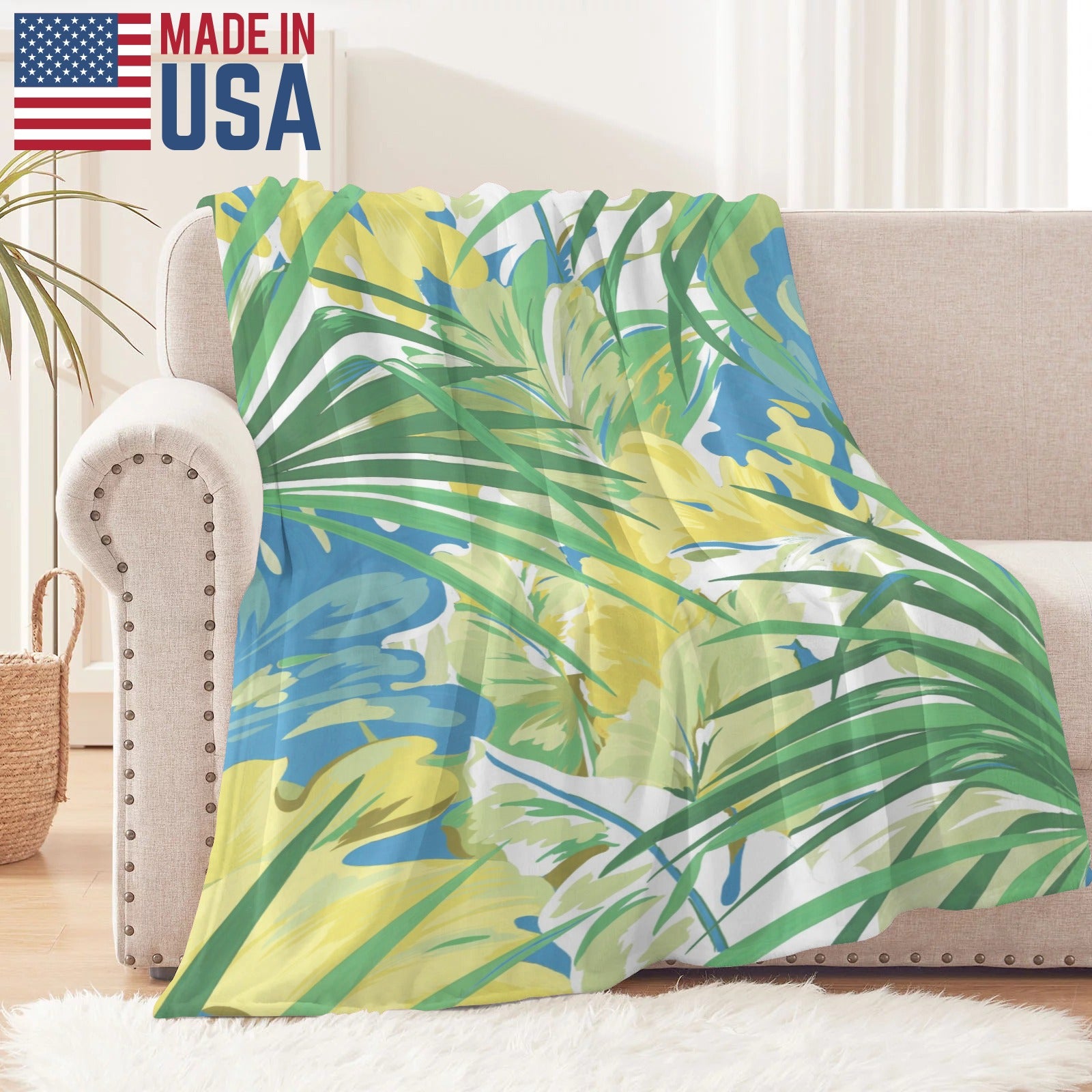 Green tropical plants flannel blanket on sofa, Made in USA, for couch or bed decor
