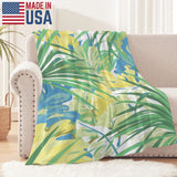 Green tropical plants flannel blanket on sofa, Made in USA, for couch or bed decor