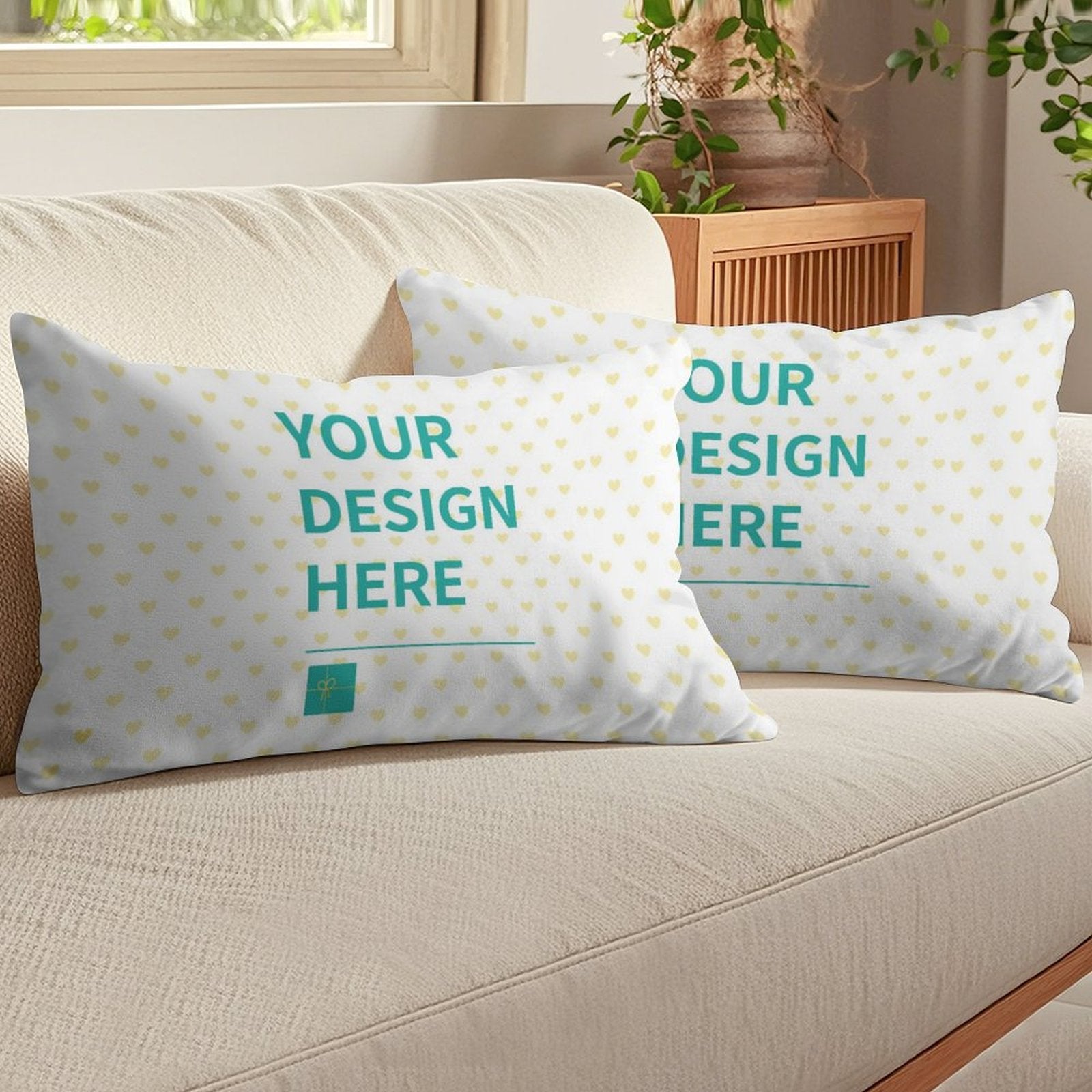 Personalized throw pillow cases for living room, featuring 'YOUR DESIGN HERE', made with soft short plush material.