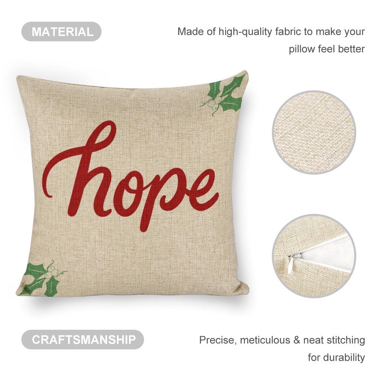 Christmas pillow cover with hope text, linen material, square cushion case for sofa