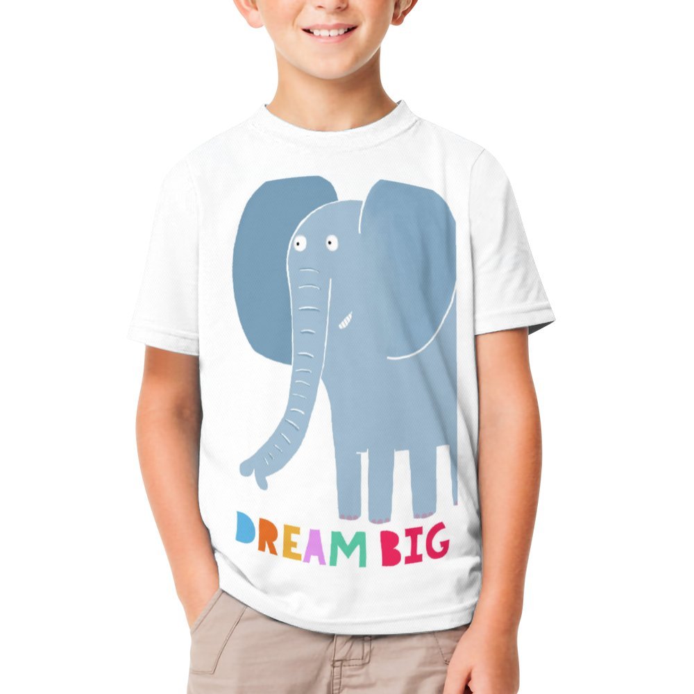 Kids white t-shirt with Dream Big elephant graphic for summer casual wear