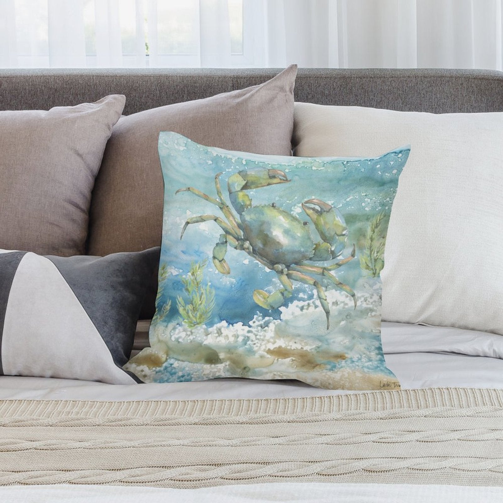 Watercolor crab pillow cover, soft plush fabric, home decor. Coastal design for sofa or bed, aquatic art by Laila Tran.
