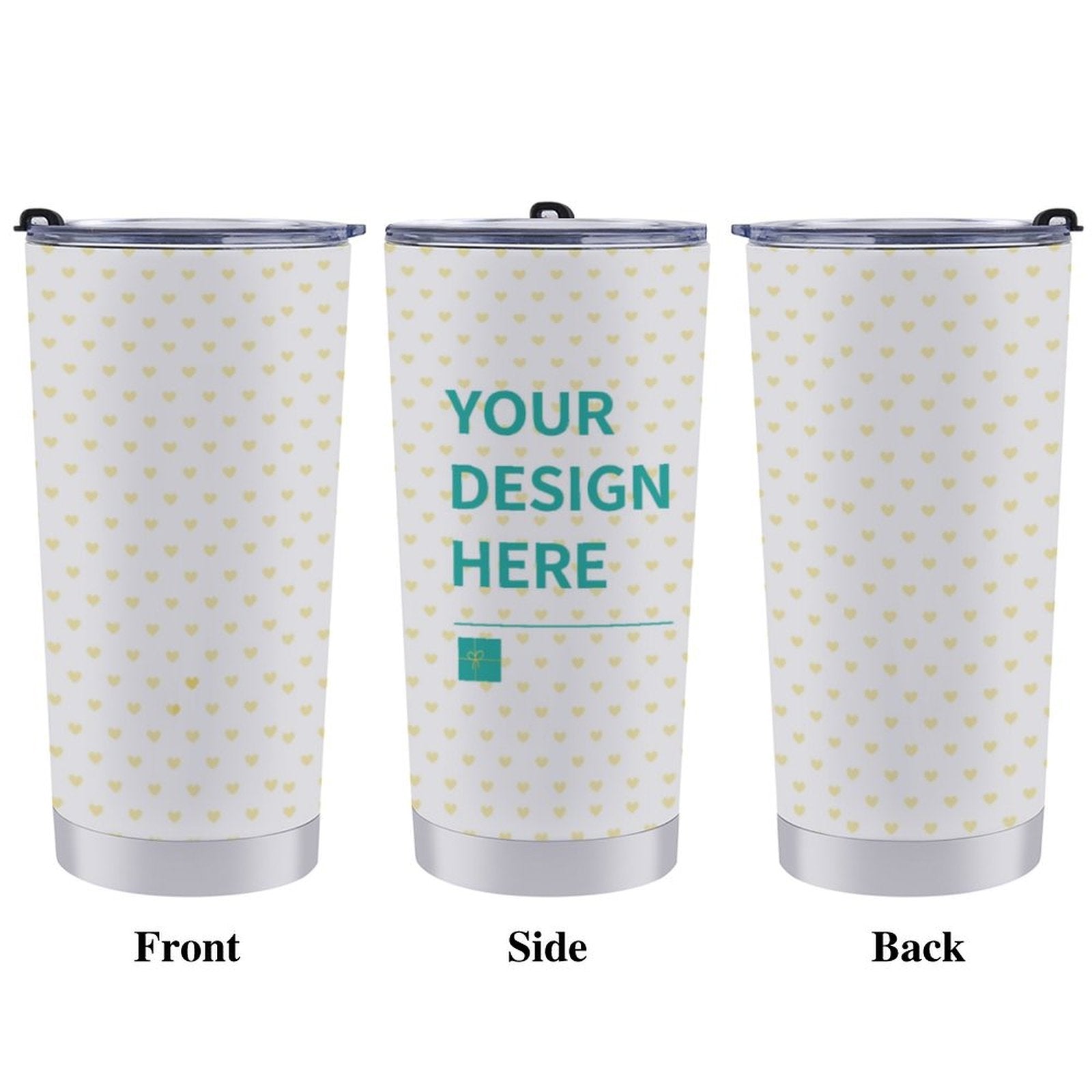 Personalized 20oz coffee tumbler with heart pattern, customizable design area, perfect travel mug