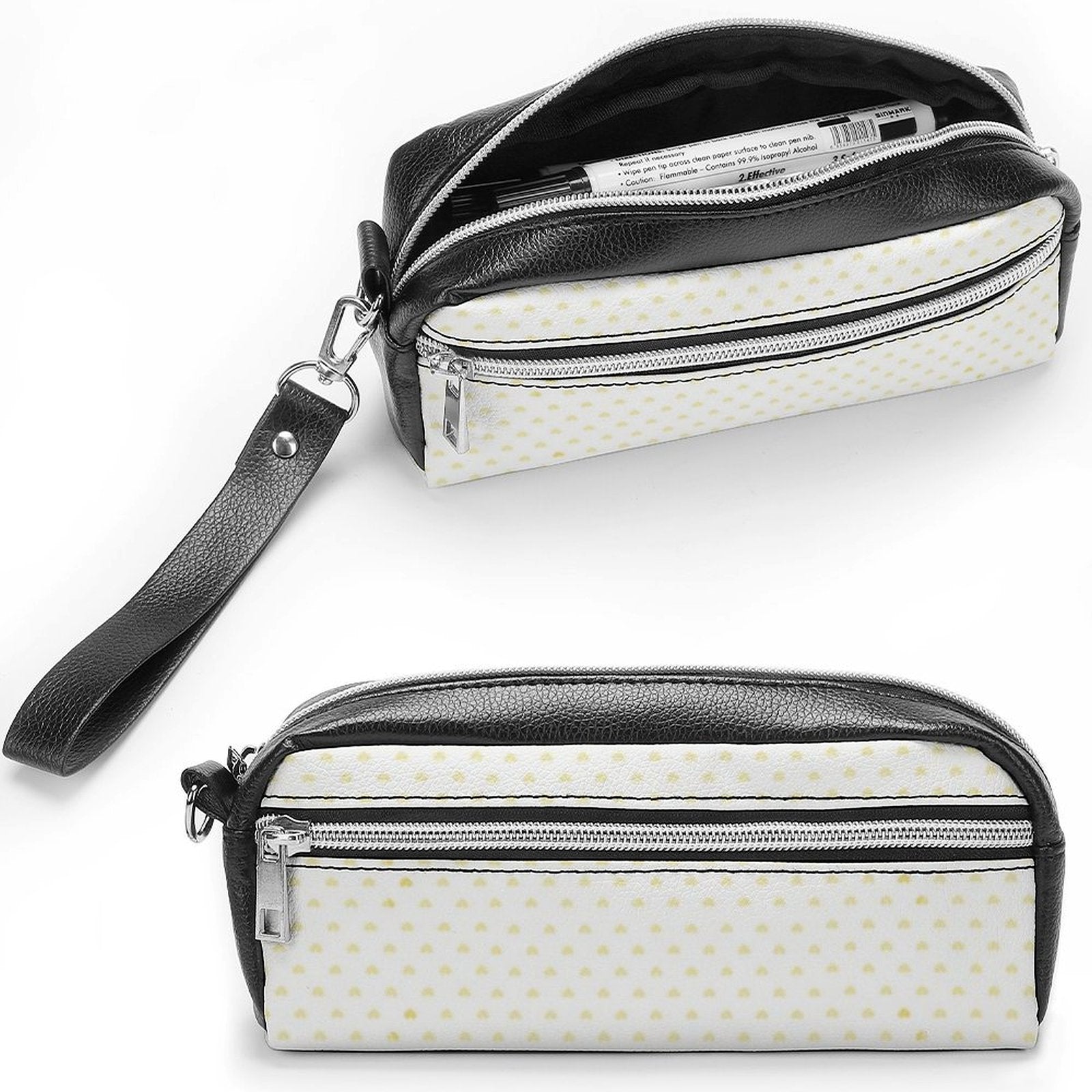Black and white lychee leather cosmetic bag, double zipper, yellow polka dots, with strap; ideal as a makeup or pencil case.