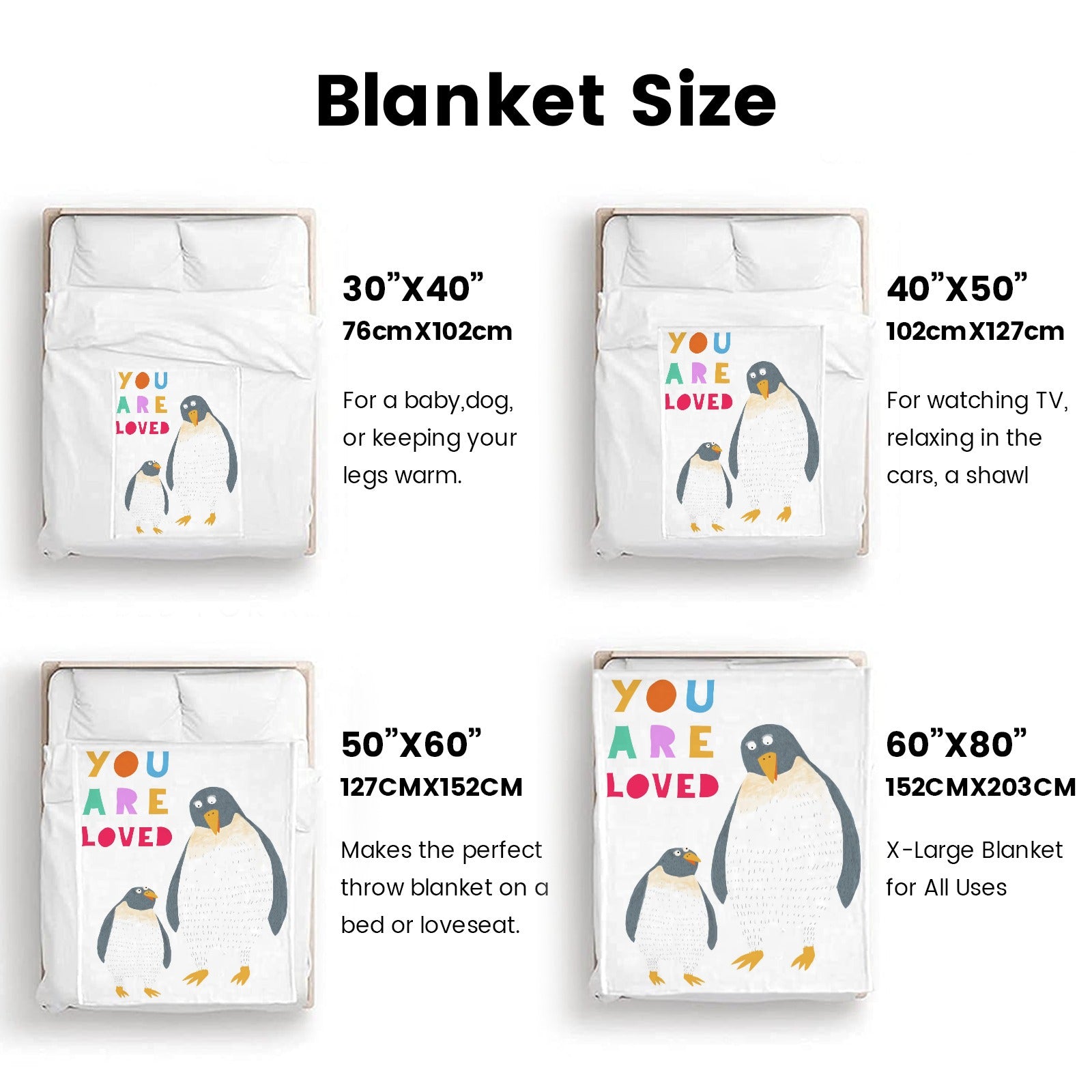 Penguin blanket size guide: super soft flannel kids bedding with "YOU ARE LOVED" text; available in multiple sizes.