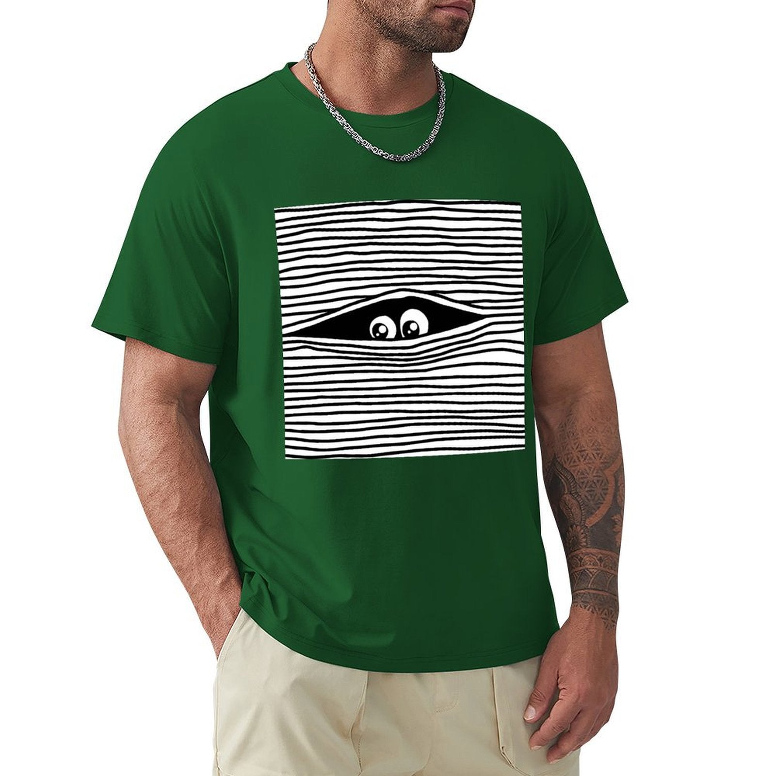 Green men's crew neck t-shirt with eye graphic. Classic tee design by MyArtsyGift.