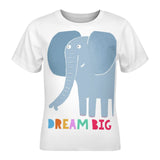 Kids white mesh t-shirt with Dream Big elephant graphic, summer casual wear