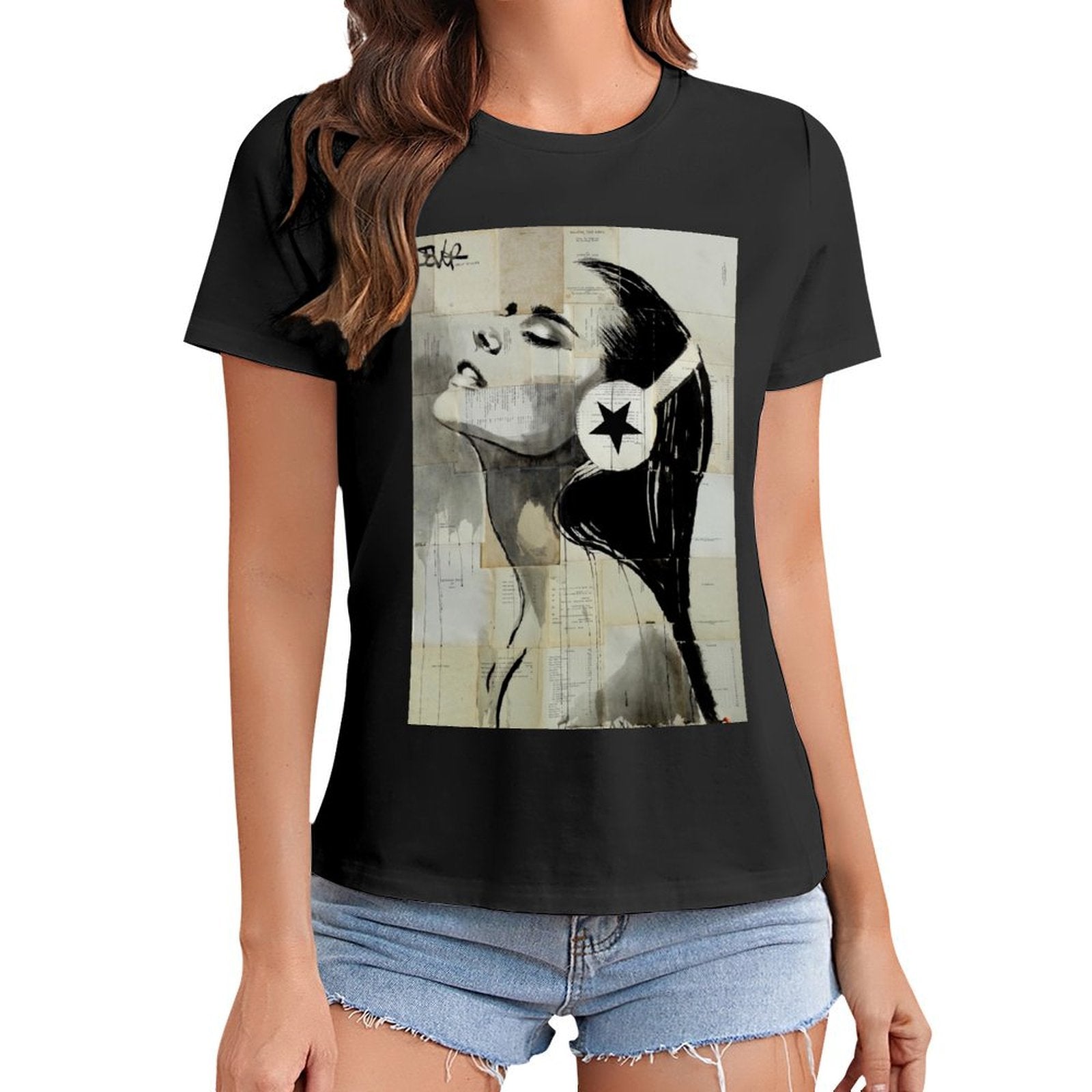 Black Women's graphic t-shirt with headphone star art print. MyArtsyGift.com product.