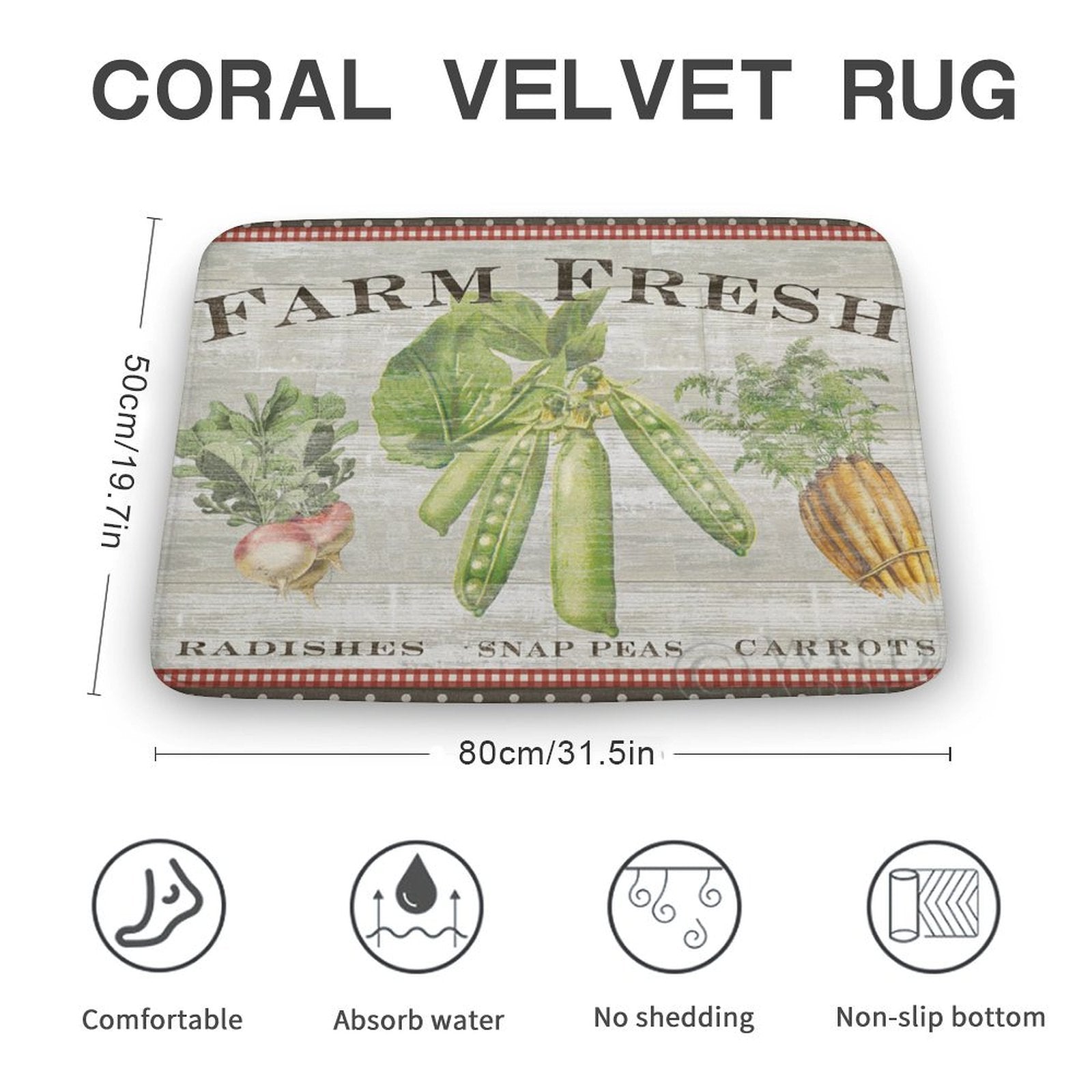 Coral velvet rug with farm fresh vegetables design, non-slip for bathroom or kitchen