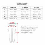 Yoga pants size chart: high-waisted leggings measurements (waist, hip, length), S-XXL. Guide for choosing the right size.