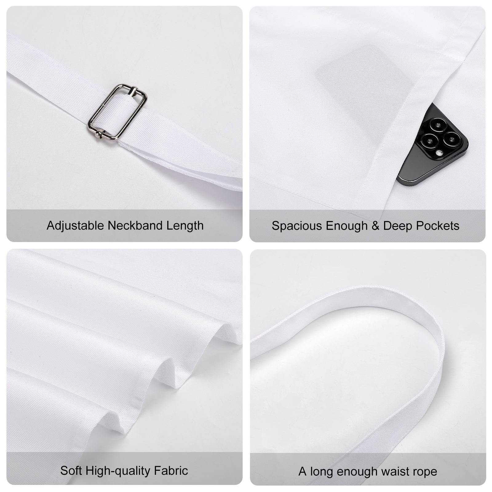 White cooking apron features, adjustable neckband, spacious pockets, soft fabric, and waist rope; perfect for BBQ