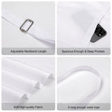 White cooking apron features, adjustable neckband, spacious pockets, soft fabric, and waist rope; perfect for BBQ