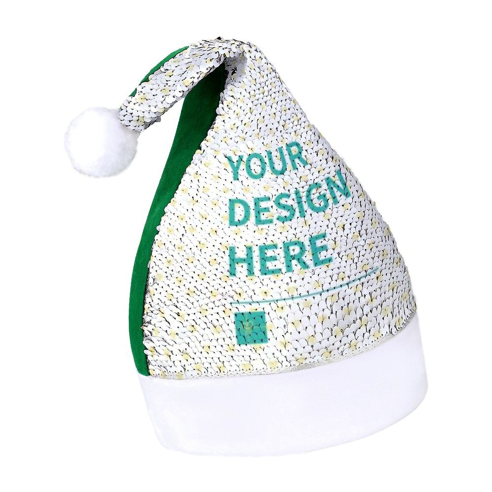 Personalized sequin Christmas hat with "YOUR DESIGN HERE" text for holiday parties. Custom Santa hat with white sequins.