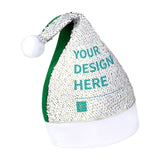 Personalized sequin Christmas hat with "YOUR DESIGN HERE" text for holiday parties. Custom Santa hat with white sequins.