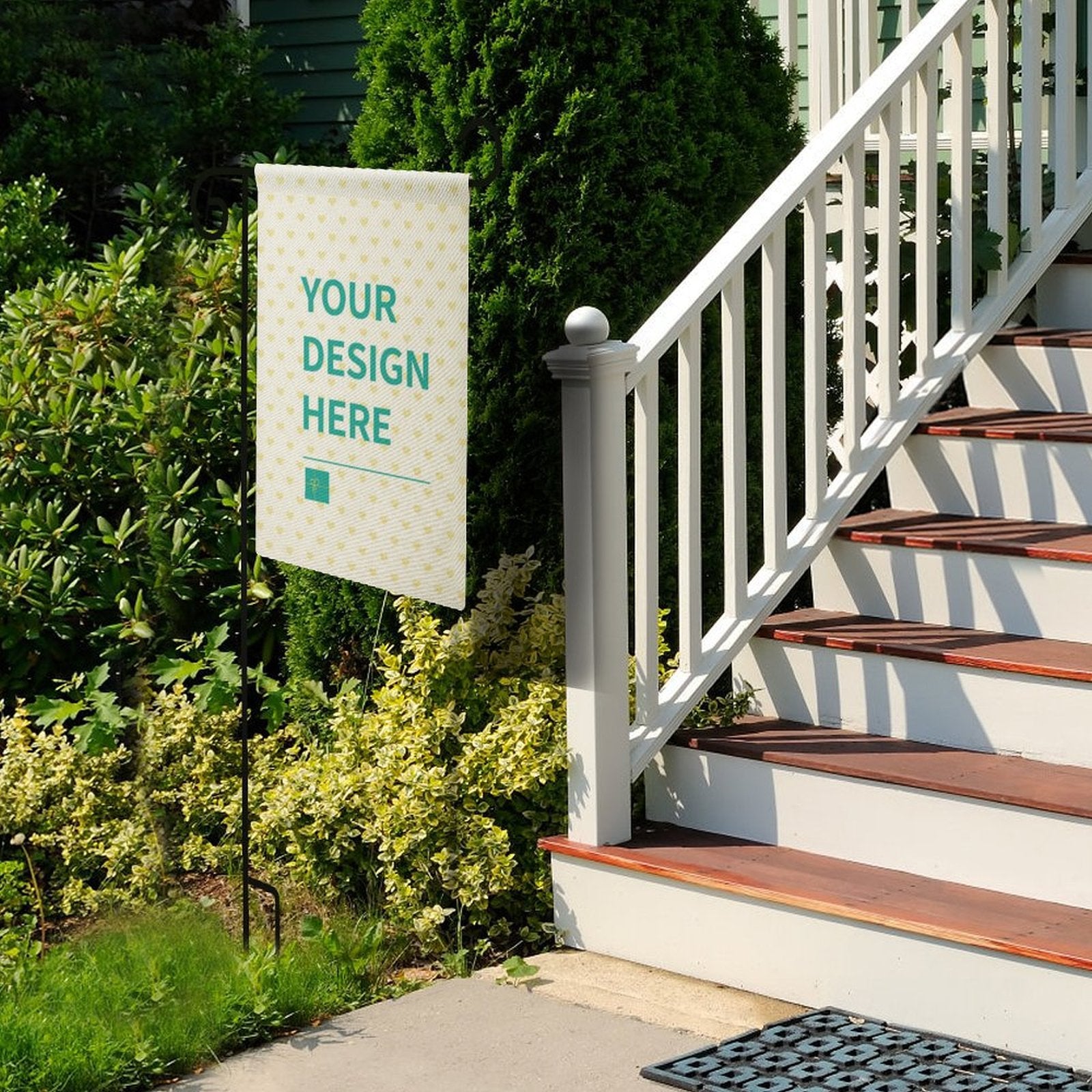 Personalized linen garden flag with 'YOUR DESIGN HERE' text, outdoor yard decoration