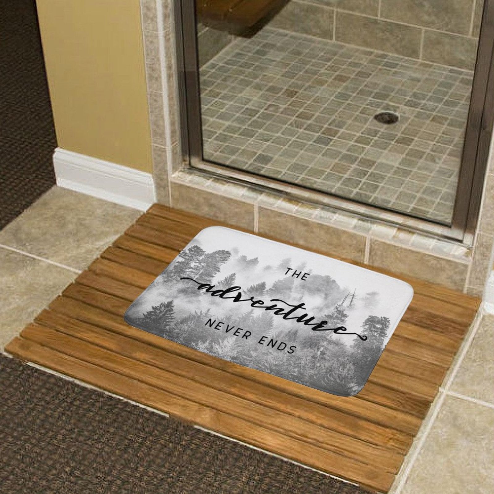 Coral velvet bath rug with adventure text, non-slip rug for bathroom, kitchen, bedroom.