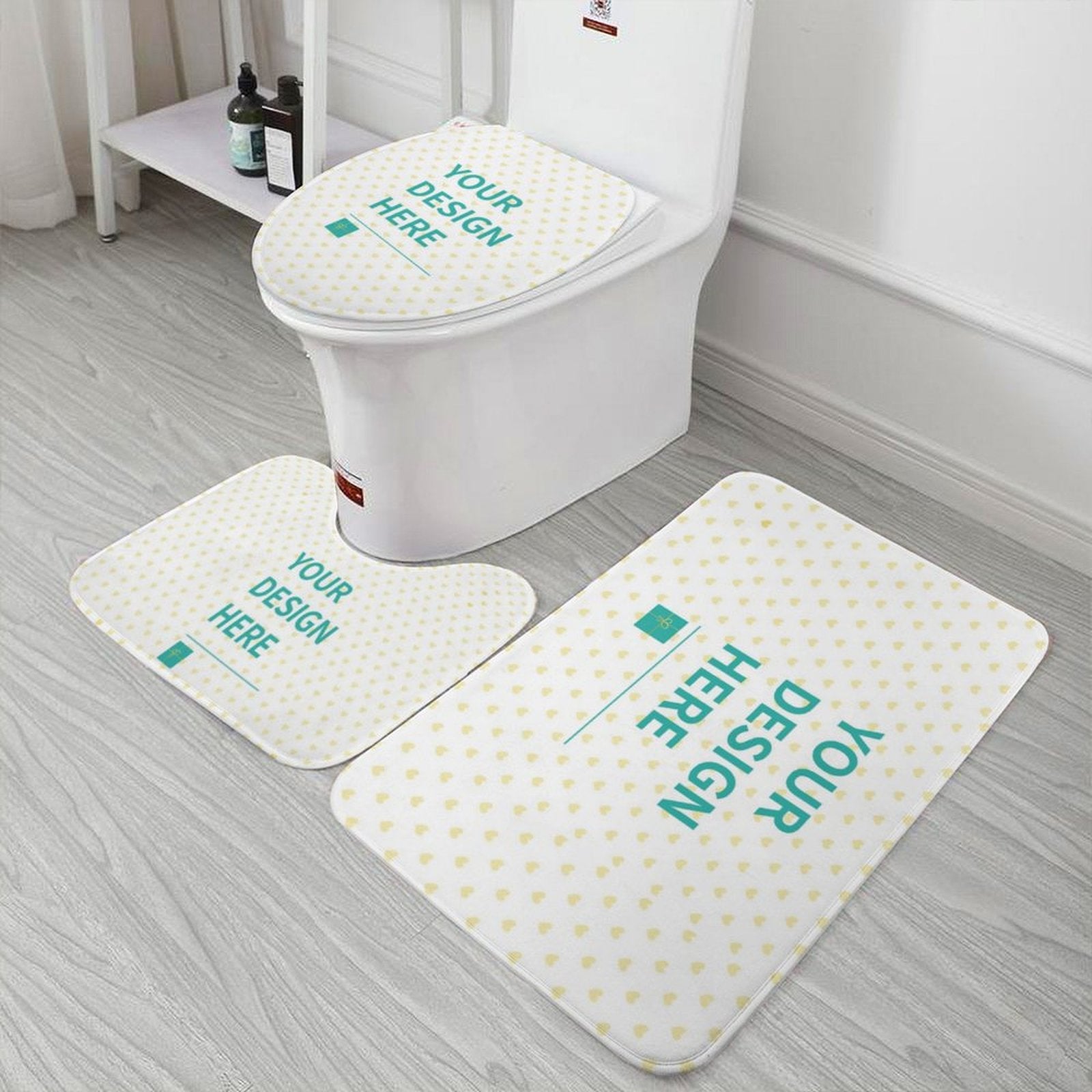 Custom bathroom rug set with "YOUR DESIGN HERE" design in bathroom setting, coral fleece material.