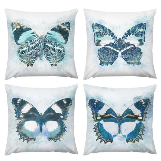 Set of 4 Square Throw Pillow Covers with Watercolor Butterfly Designs in Blue and White - Soft Plush