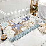 Coastal design coral velvet bath rug with starfish, "Welcome to the Shore" text, non-slip.