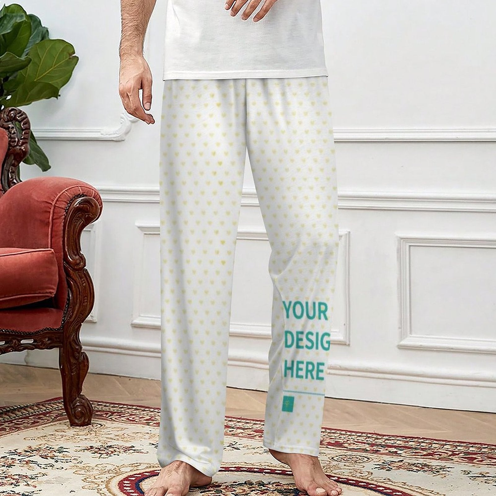 Personalized heart-pattern pajama pants. Custom pajama bottoms for men and women. Design your own sleepwear at MyArtsyGift.