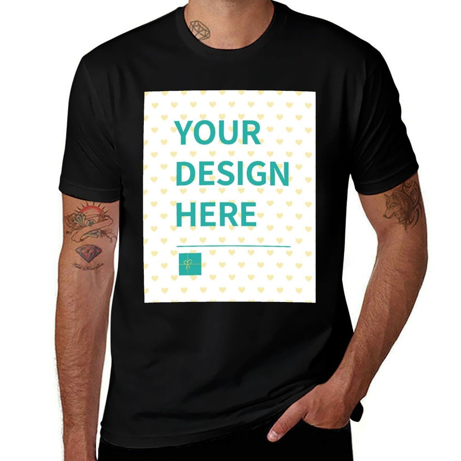 Customizable black short sleeve t-shirt with "YOUR DESIGN HERE" design, MyArtsyGift.com Personalized Apparel