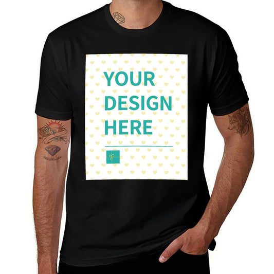Customizable black short sleeve t-shirt with "YOUR DESIGN HERE" design, MyArtsyGift.com Personalized Apparel