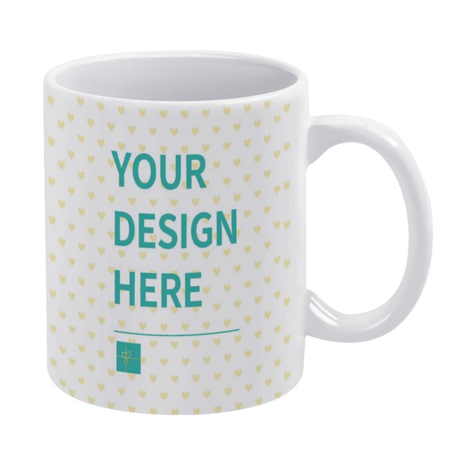 Customizable white ceramic coffee mug with 'YOUR DESIGN HERE' text, personalized gift for men and women