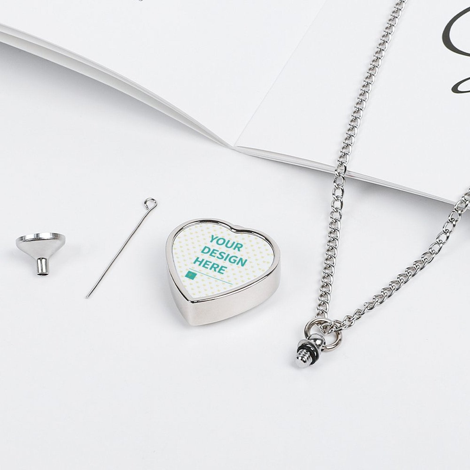 Customizable alloy heart pendant dog memorial necklace with 'YOUR DESIGN HERE' text, urn cinerary casket.