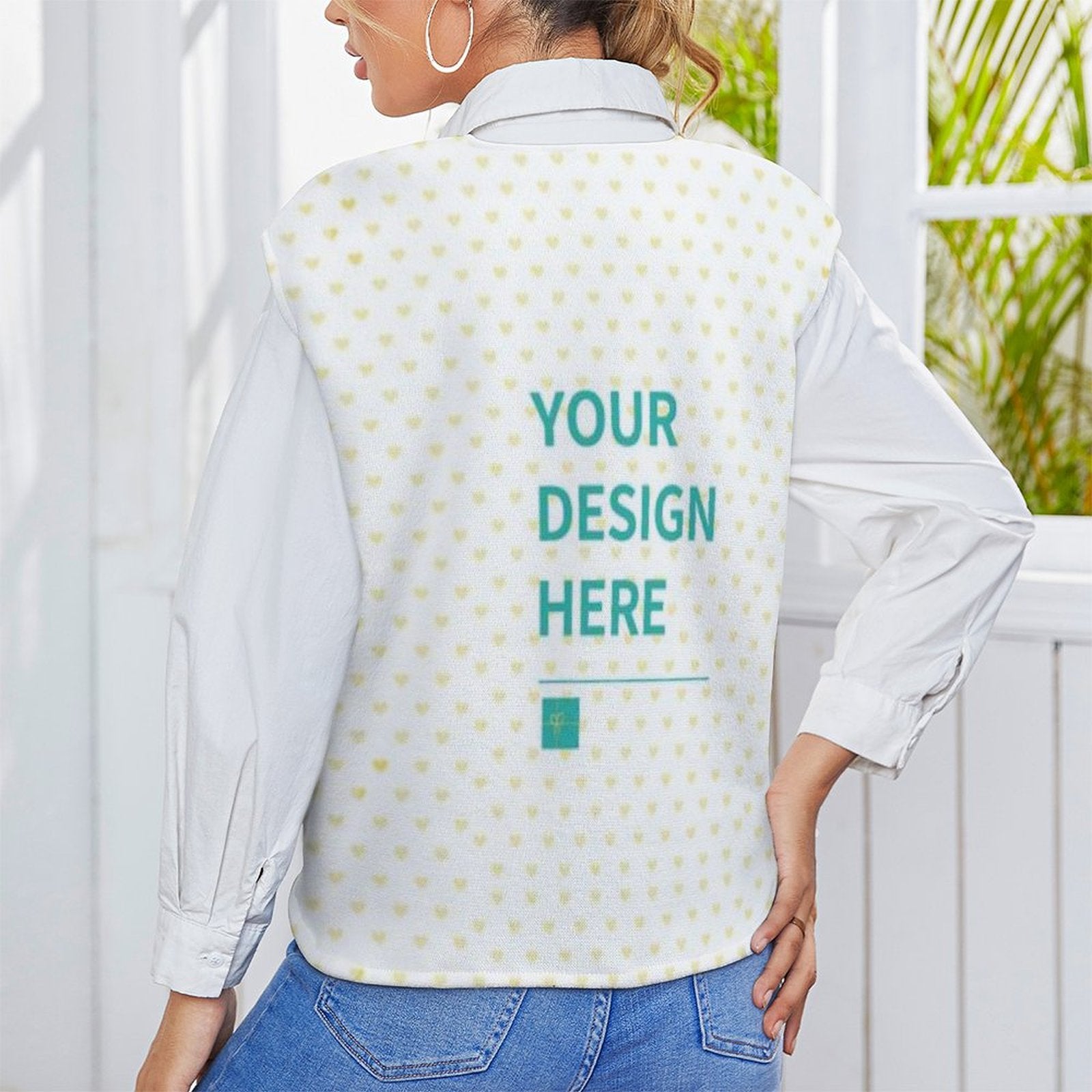 Custom women's sweater vest with 'Your Design Here'. Personalized V-neck fall outfit in white with heart pattern.