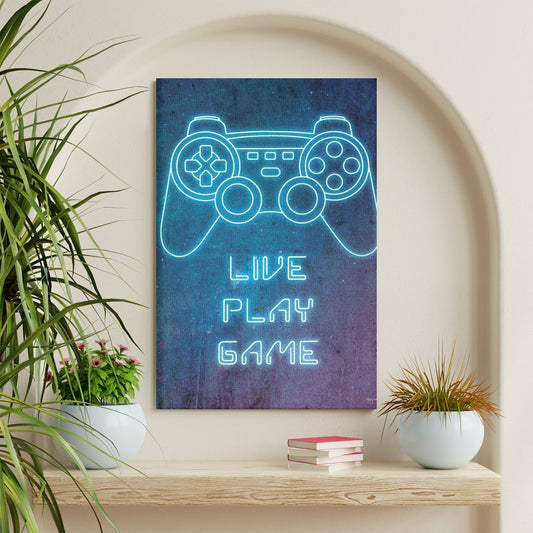 Canvas print with neon blue game controller, perfect wall decor for game lovers