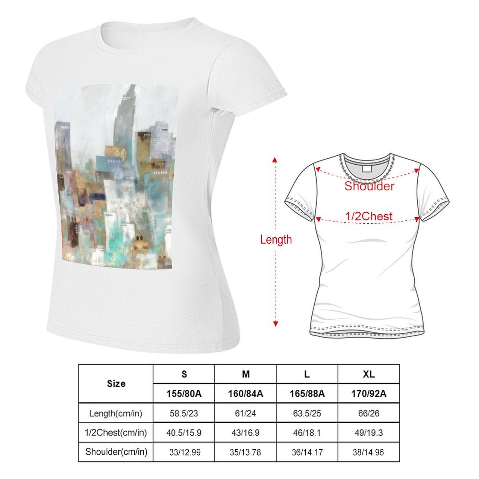 White women's t-shirt with abstract cityscape art print and size chart, perfect for gifts.