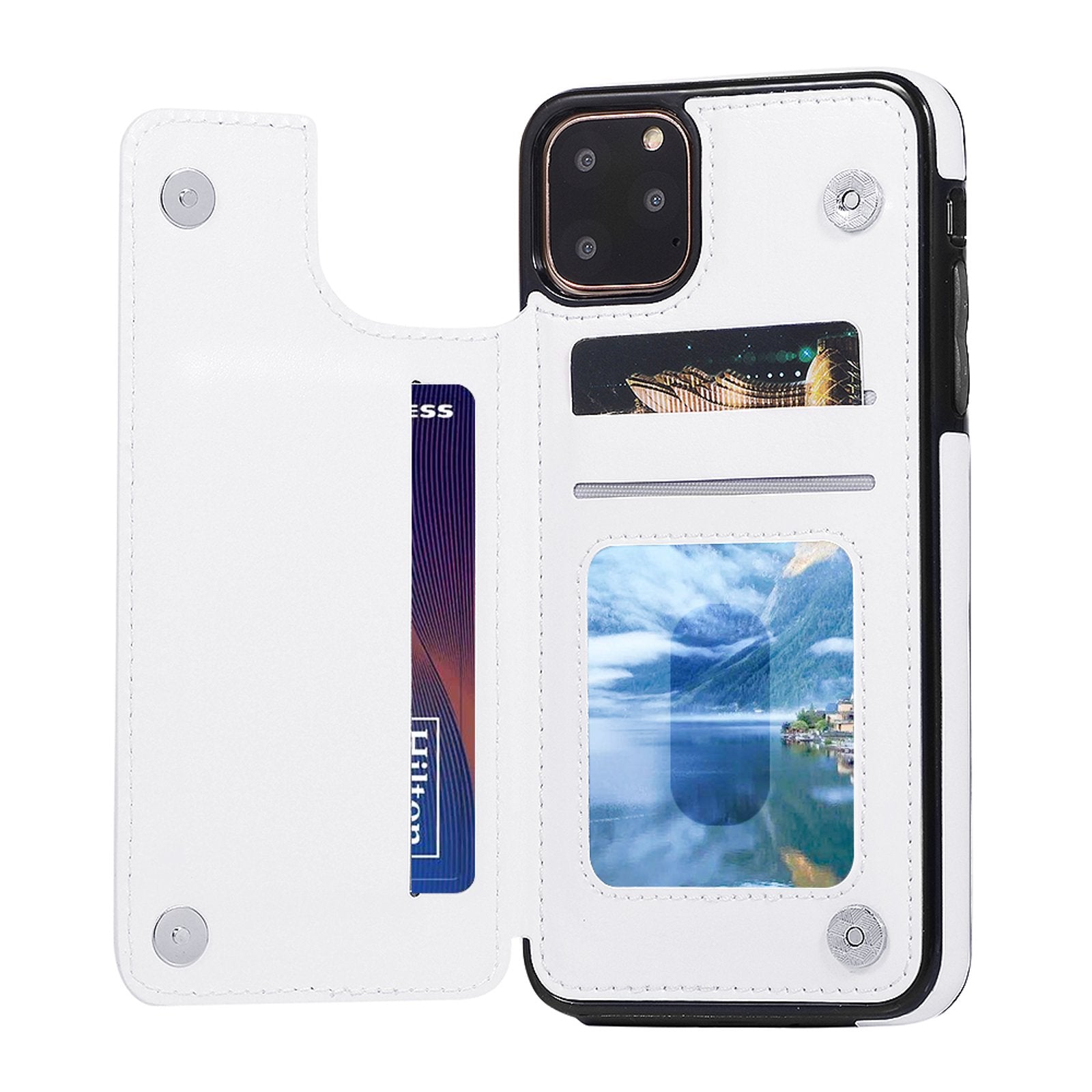 White leather iPhone 11 Pro Max flip case, card slots and scenic photo. MyArtsyGift phone case.