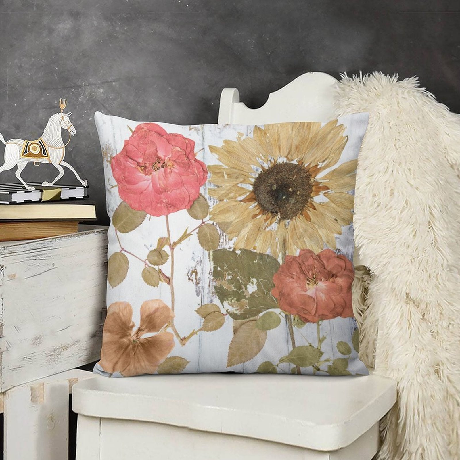 Decorative plush pillow cover with floral rose and sunflower design, soft and fluffy.