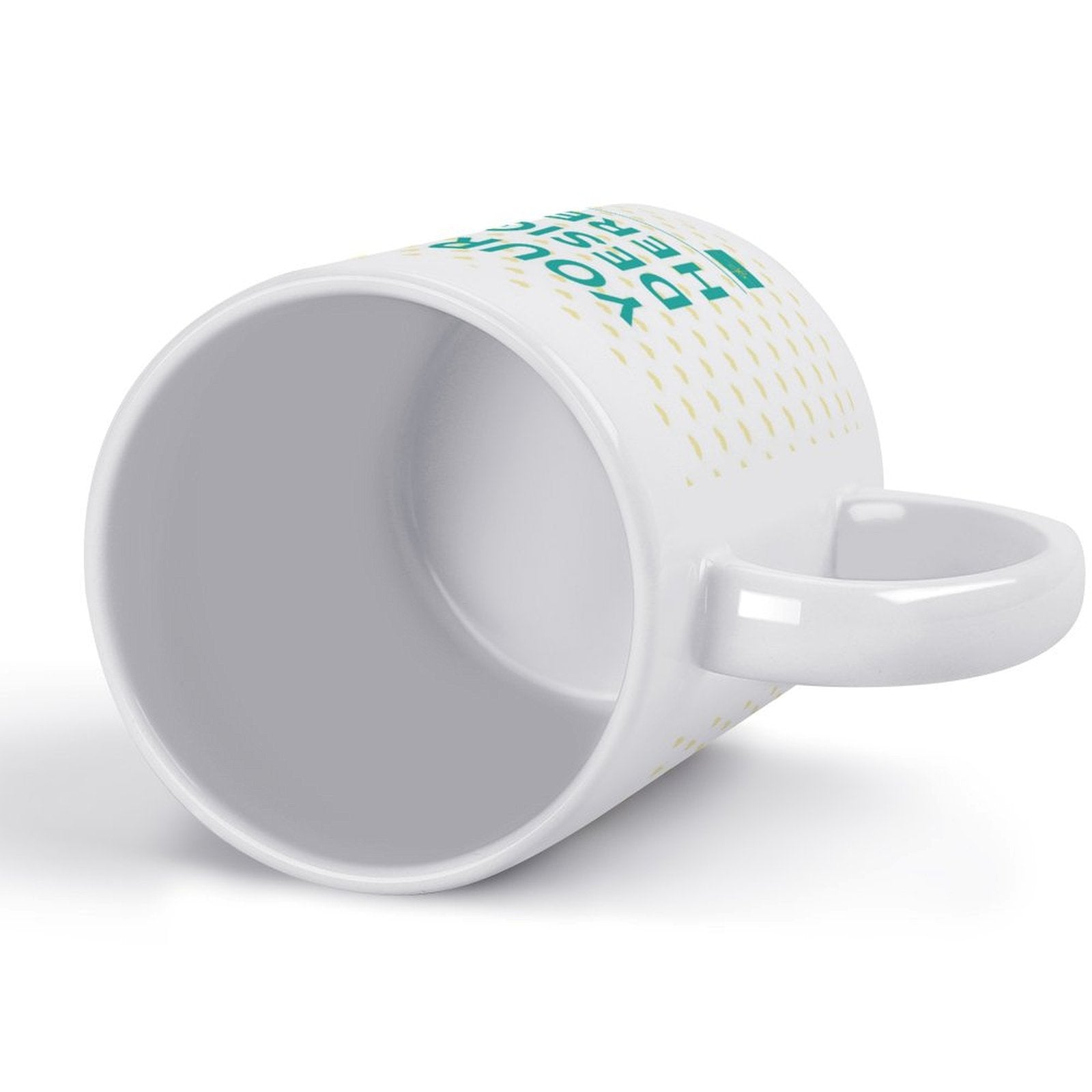 White ceramic mug with "YOUR DESIGN HERE" text, perfect for customized gifts and personalized designs
