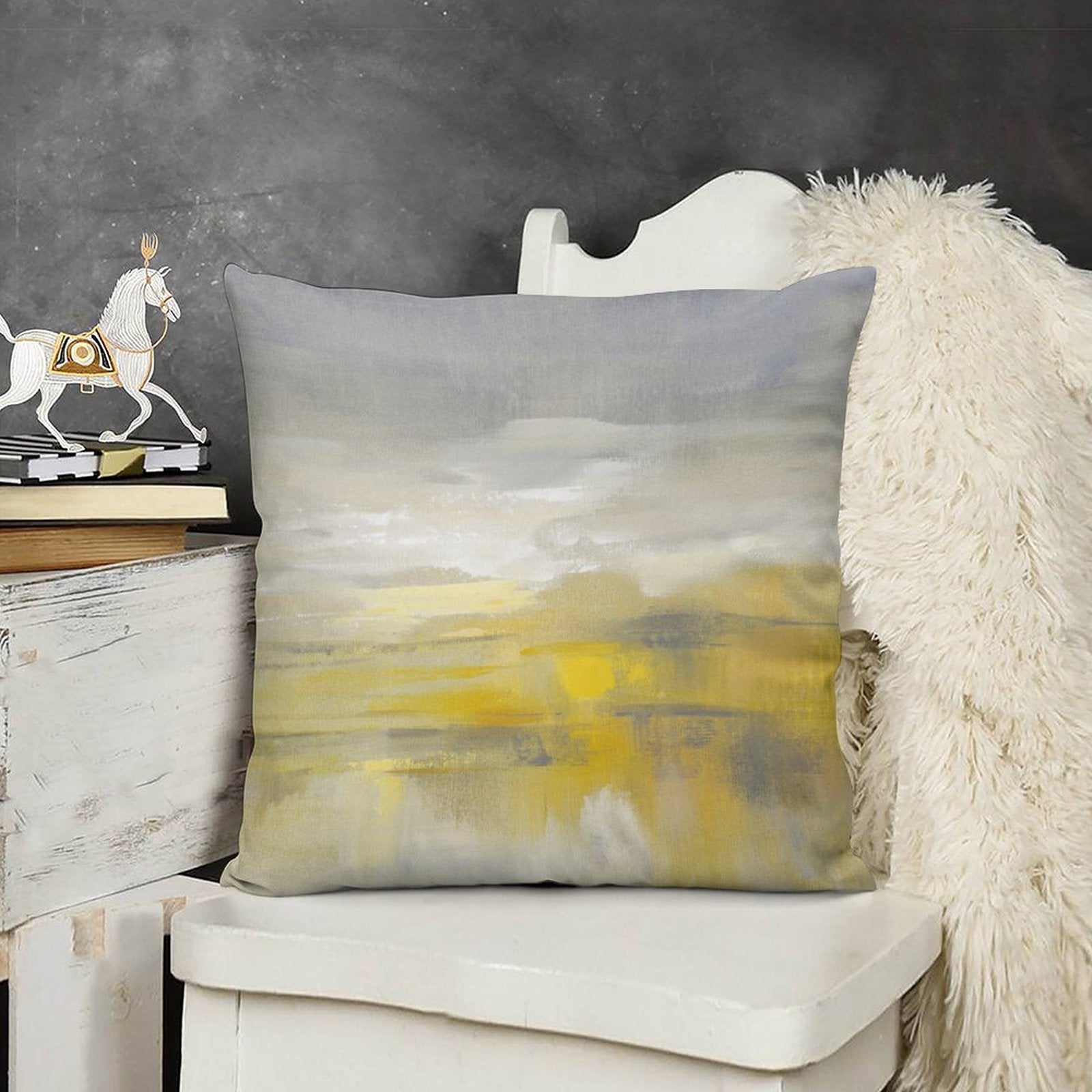 MyArtsyGift plush throw pillow with abstract yellow and gray art for sofa, couch, and living room decor.
