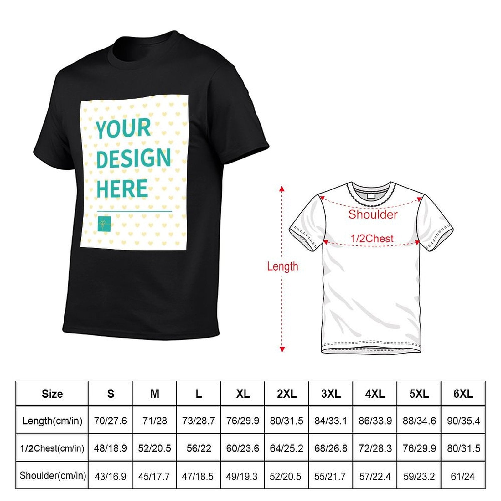 Custom double-sided t-shirt for men with customizable design and size chart, by MyArtsyGift.