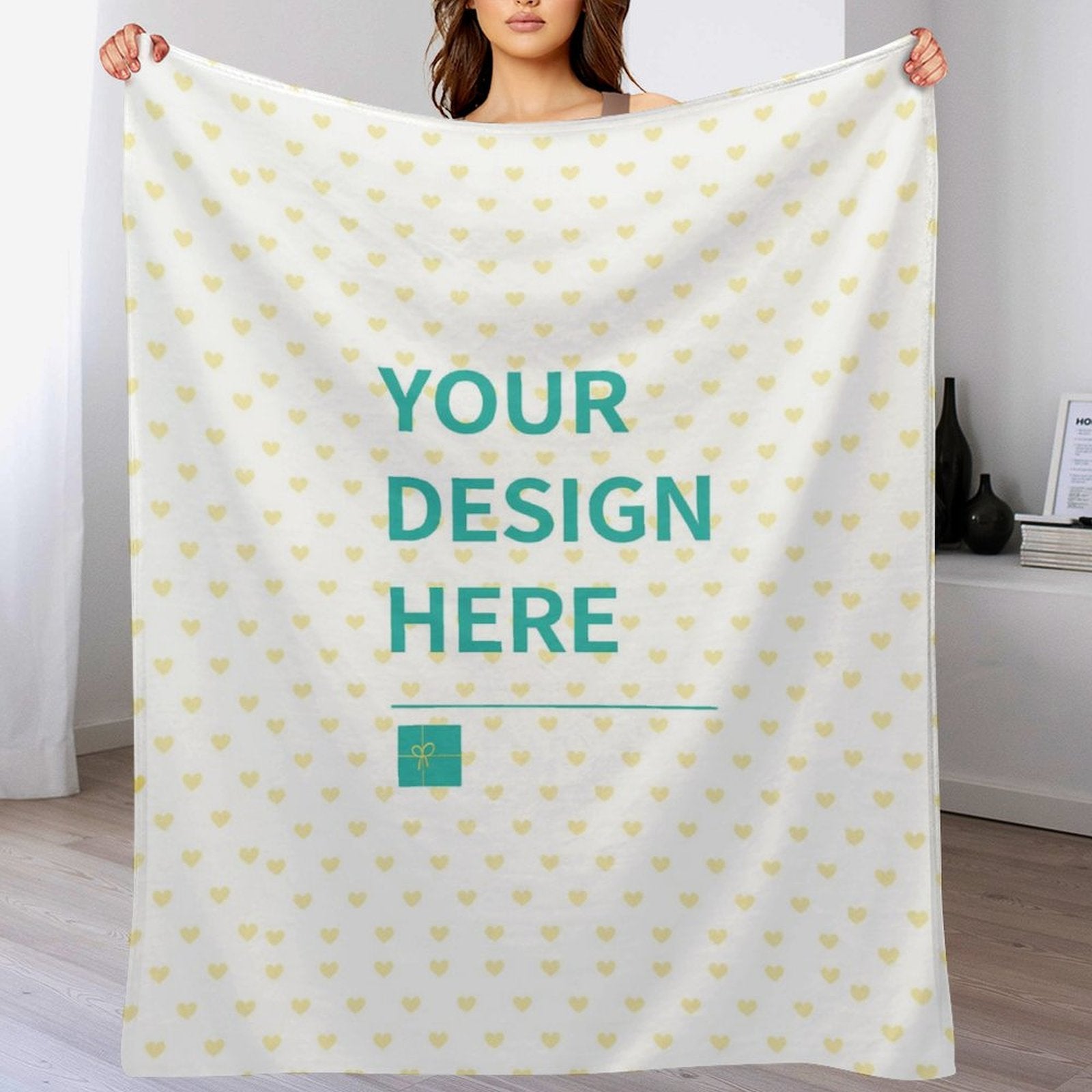 Custom fleece blanket with heart pattern and 'YOUR DESIGN HERE' text. Cozy and warm for bed, sofa, and travel.