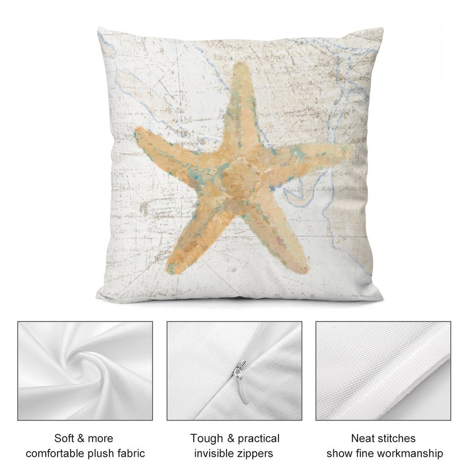 Starfish pillow cover, soft plush fabric, invisible zipper, perfect for sofa or living room decor, featuring neat stitches.