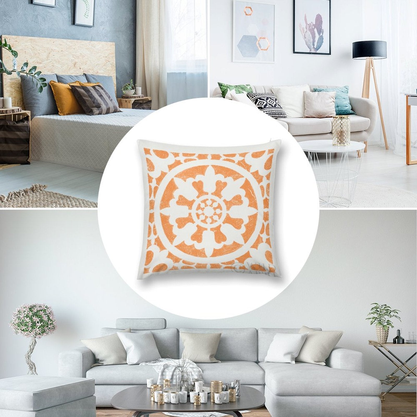 Orange and white mandala plush pillow cover on sofa, soft and decorative.