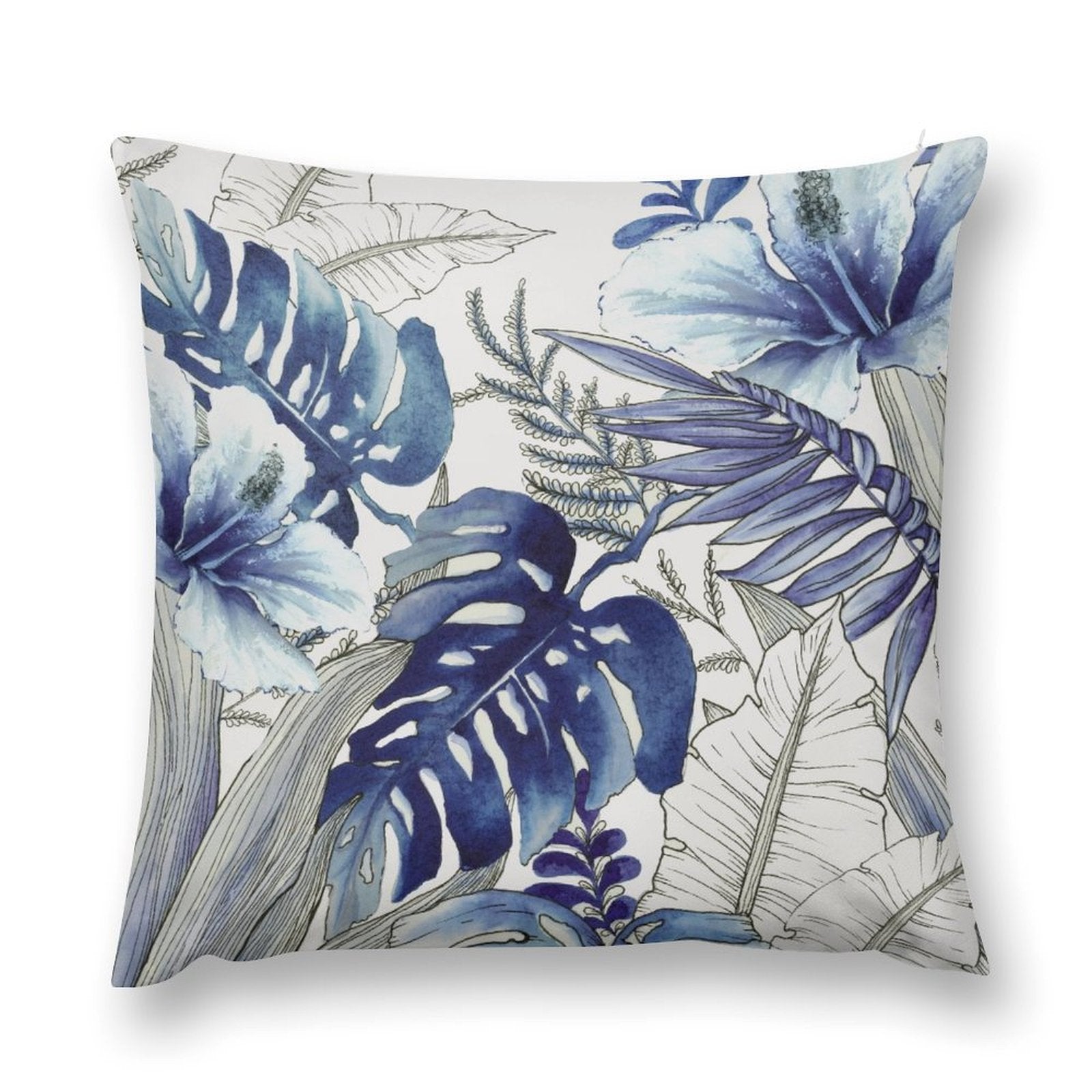 Blue floral pillow cover, featuring tropical leaves and flowers, luxury soft plush, perfect for sofa or living room
