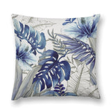 Blue floral pillow cover, featuring tropical leaves and flowers, luxury soft plush, perfect for sofa or living room