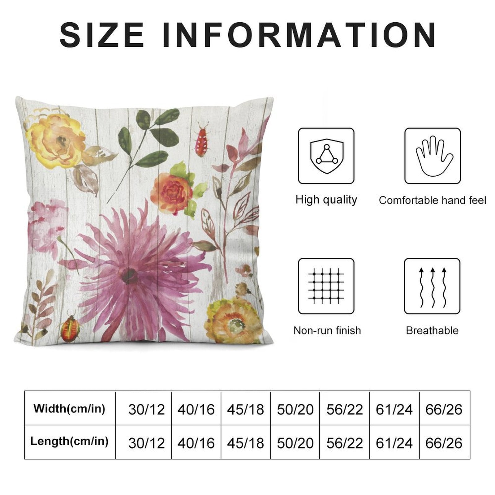 Plush pillow cover with floral design, size chart, high quality, comfortable, non-run, breathable.