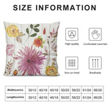 Plush pillow cover with floral print, high quality, breathable, and size chart for sofa, couch, and living room