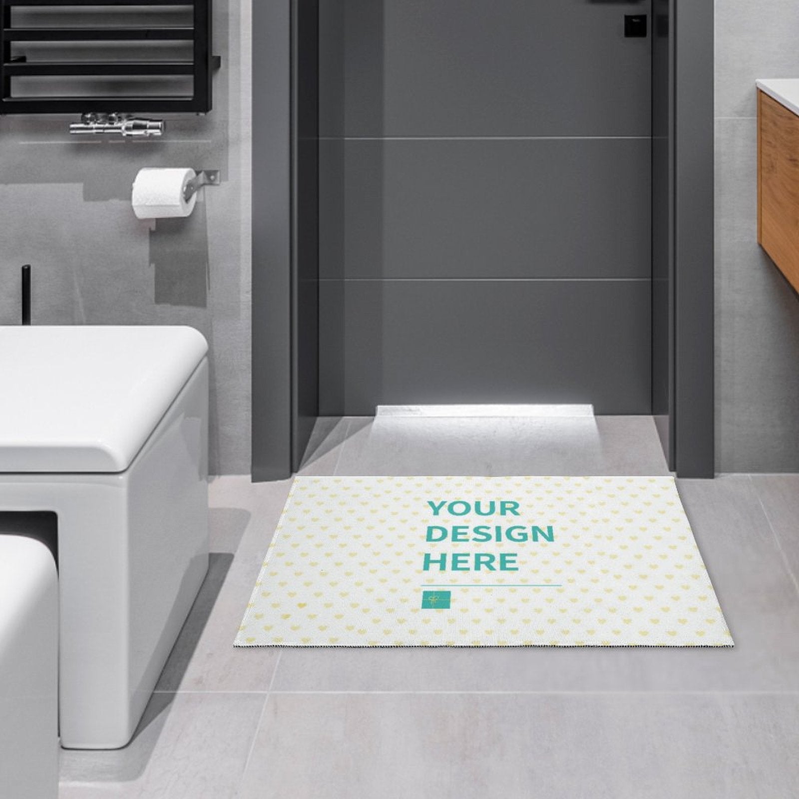Customizable door mat with heart pattern and 'YOUR DESIGN HERE' text, perfect for bathrooms and more.