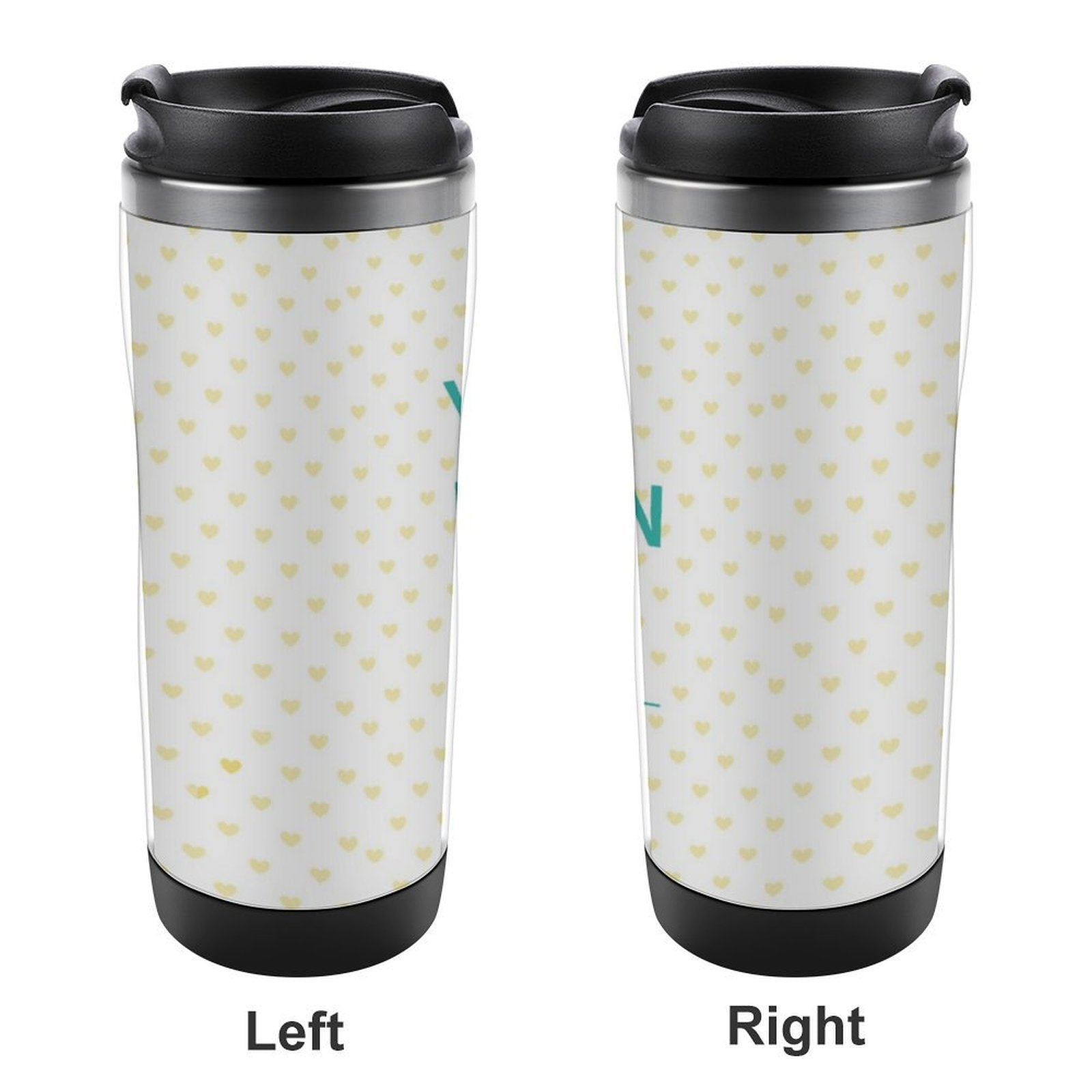 Personalized stainless steel coffee travel mug with heart pattern, leak-proof design for custom gifts.