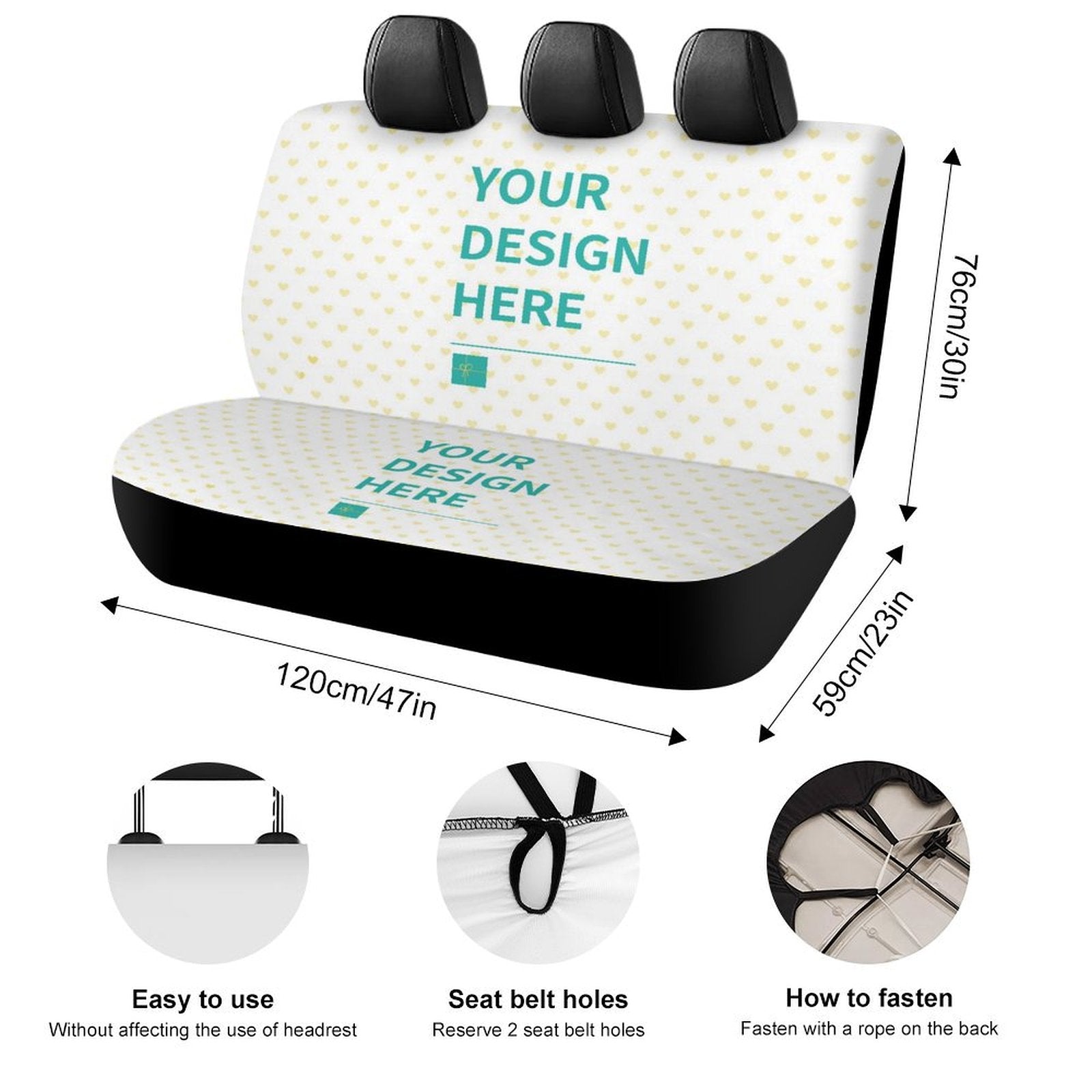 Custom car seat cover with personalized design. Universal rear bench seat cover with heart pattern, DIY design.