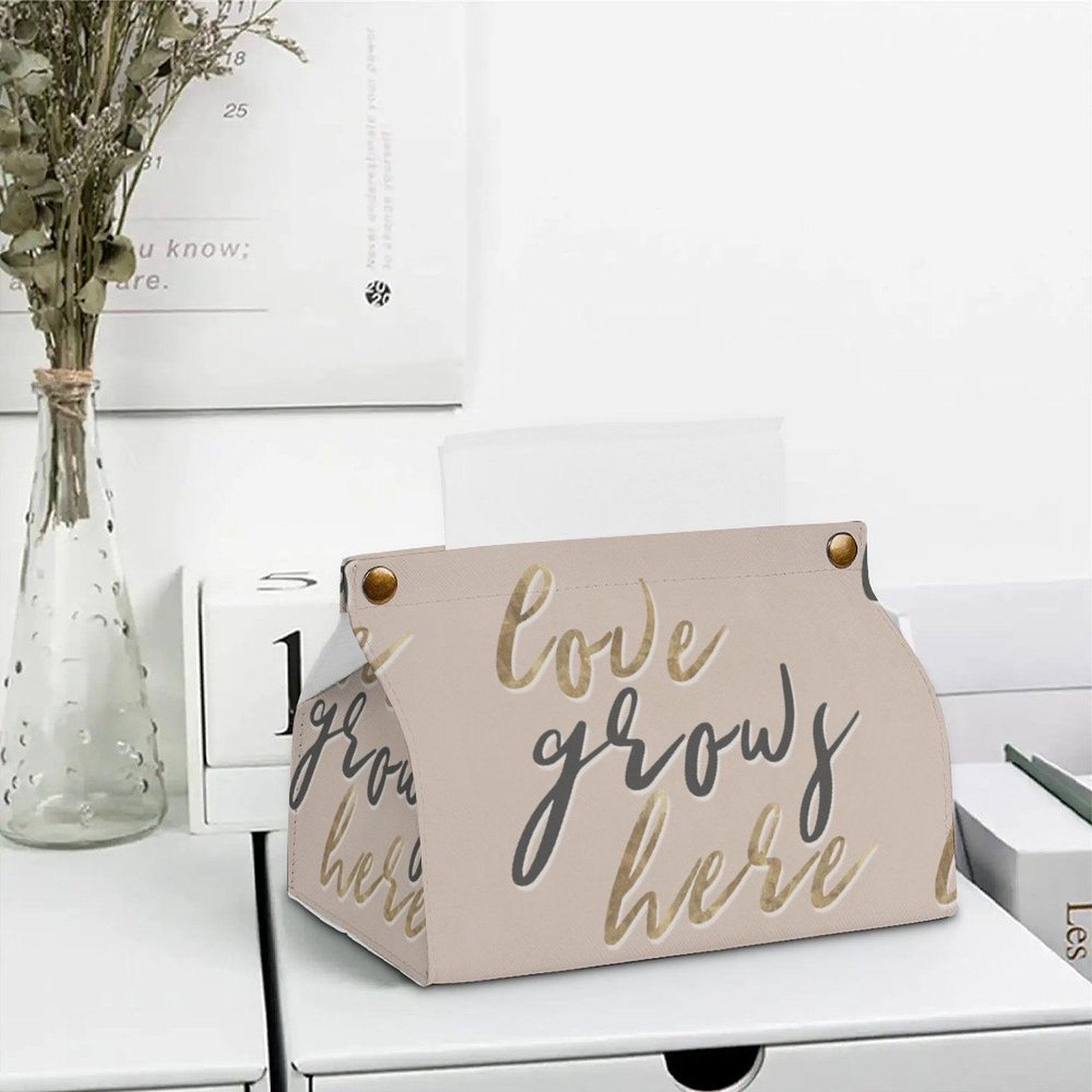 Beige PU tissue box cover with 'Love Grows Here' design, rectangular facial tissue holder for home decor